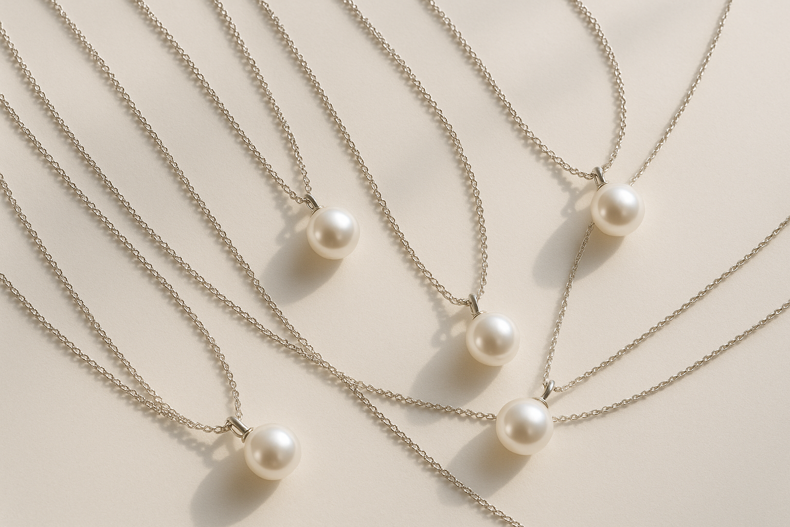 Pearl on satellite chain. silver.
single pearl on cup bail.
zoomed out.
Multiple pearl necklaces.
lifestyle photo.